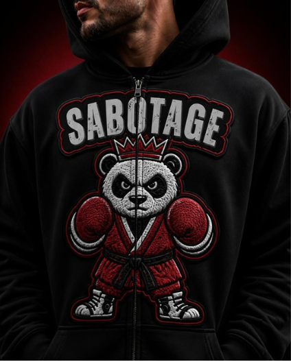 Model trägt den WINTER KING Hoodie mit 3D-Stickerei-Patch von SABOTAGE